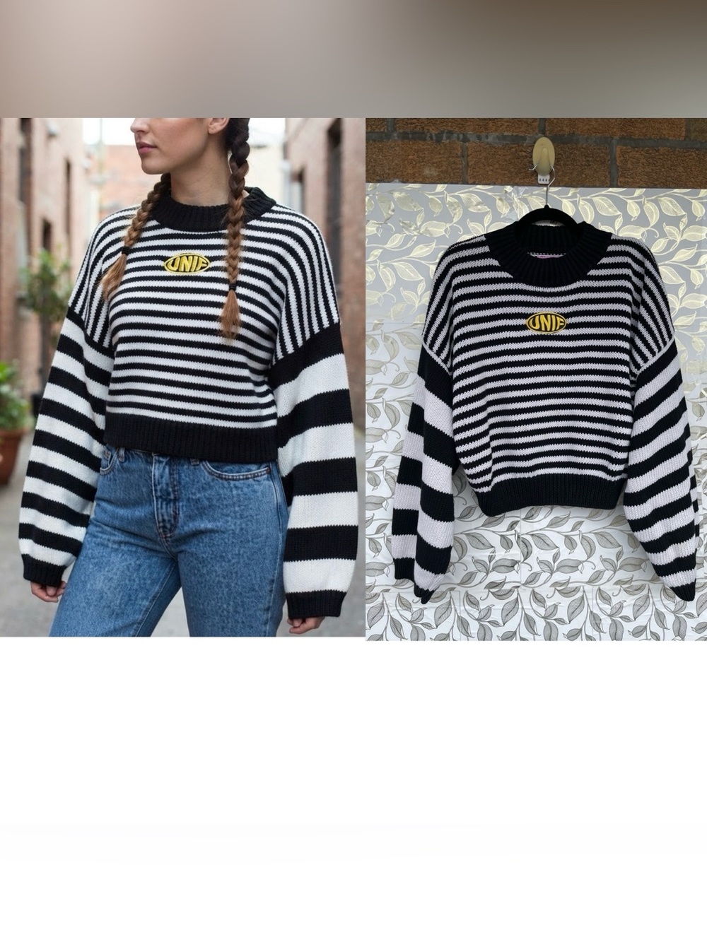 UNIF Logo Striped Oversized Sleeve Crop Sweater Medium Y2K Indie Sleaze